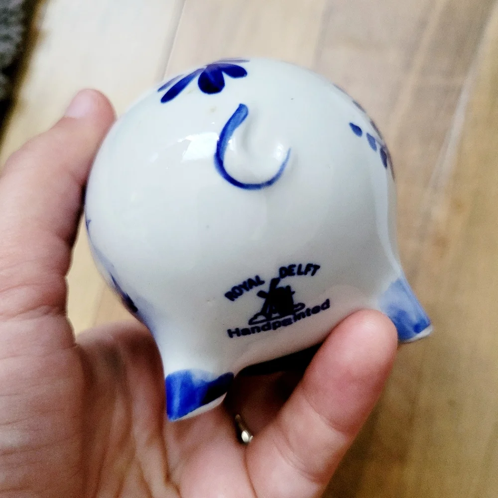 Vintage Handmade Delft Pottery Small Floral & Nautical Ship Dutch Piggy Bank